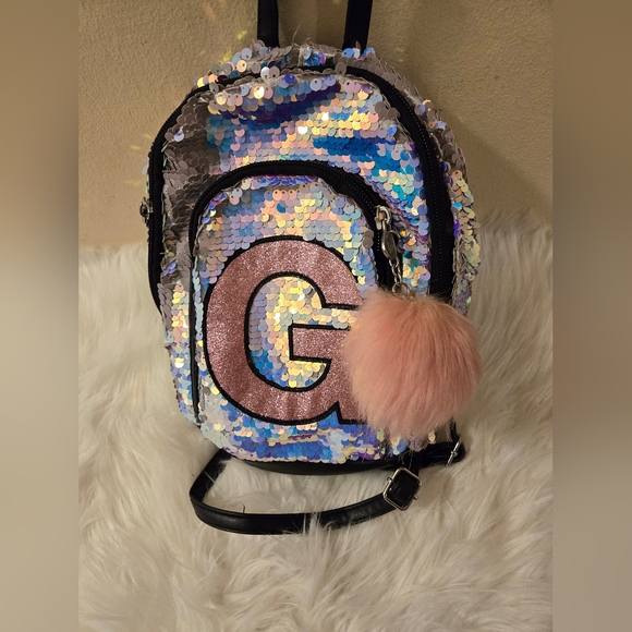 Justice Girls Mini Backpack Flip Sequin with Initial G, Silver & Pink Pom Pom - Picture 2 of 10